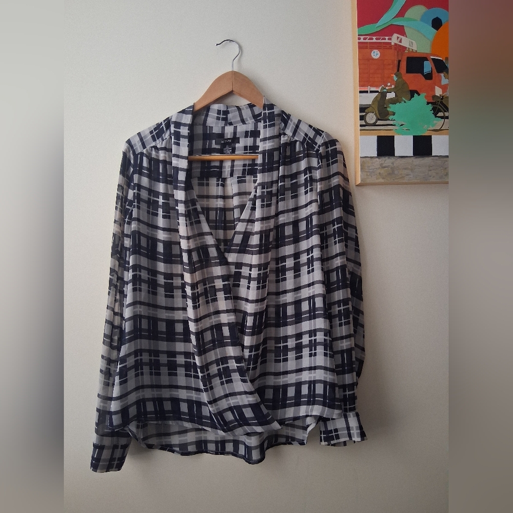 Black and Gray Plaid Women Alfani abstract Sheer Blouse, Shell Only